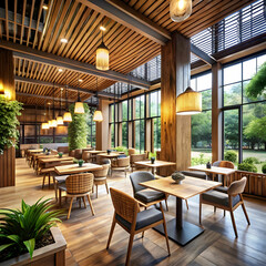 Fototapeta premium Art Corridor Cafe with Expansive Windows and Natural Ambiance
