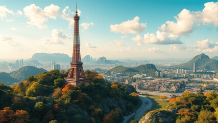 Naklejka premium Tower images, sunset over the mountains, Landscape background