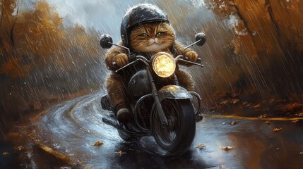 A Whimsical Cat Riding a Motorcycle Through a Rainy Autumn Landscape, Depicting Fun and Adventure in a Colorful and Fantasy Setting