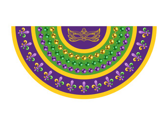 Semicircle Mardi Gras banner, flag for holiday celebration, decoration. Half circle bunting with Fleur de Lis symbol masks, strings of beads. Vintage style