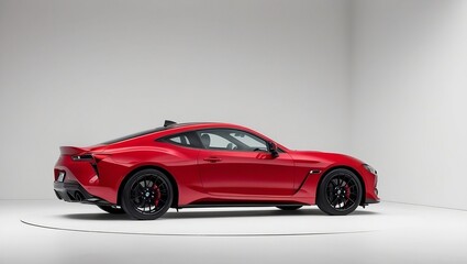 Fototapeta premium Red Sports Coupe Car Side Profile on White Background, Featuring Modern Design and Black Alloy Wheels