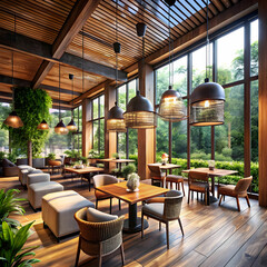 Fototapeta premium Art Corridor Cafe with Expansive Windows and Natural Ambiance