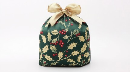 Decorative Christmas Gift Wrapped with Holly and Berries Design