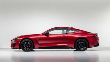 Obraz premium Red Sports Coupe Car Side Profile on White Background, Featuring Modern Design and Black Alloy Wheels