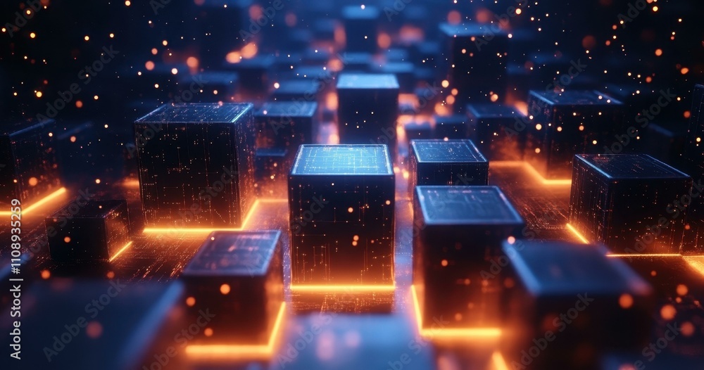 Aufkleber network data flow. futuristic glowing cubes digital technology abstract background, high tech networ