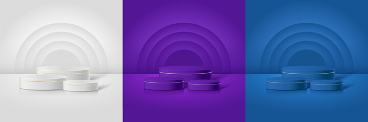 3D Minimal podium room with 3 set of steps realistic cylinder stand podium. Podium wall with studio light for mockup product display.
