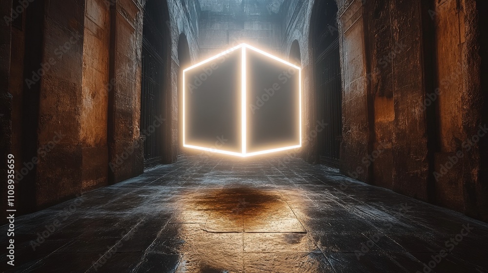 Poster mysterious floating cube illuminated in dark, ancient hallway evokes a sense of wonder and intrigue,