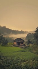 Fototapeta premium Small wooden house in green paddy fields, surrounded by foggy mountains and hills, fog in villages
