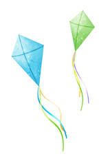 Blue and green kites. Vector watercolor illustration