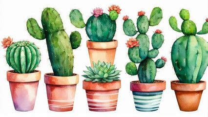 Fototapeta premium Cactus potted, watercolor painting. Cacti, succulents set on white. Perfectly for stickers, greeting design