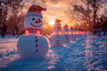 Fototapeta premium Colorful Snowmen with Festive Christmas Lights in the Snow.