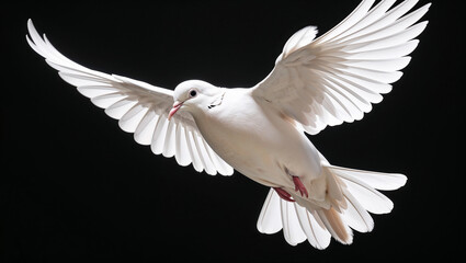 White dove flying with open wings on black background