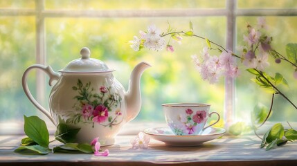 Fototapeta premium Elegant Tea Set with Floral Accents