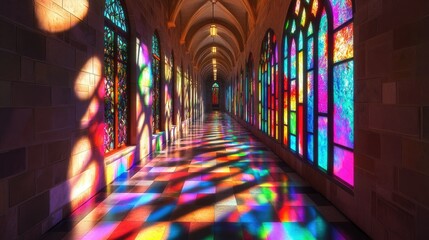Obraz premium A captivating passageway with radiant stained glass windows, casting vibrant, dancing colors onto the stone surfaces, transforming the corridor into a luminous spectacle