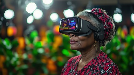 Virtual Reality Games. Immersive experiences Visor glasses AR technology museum learning Spatial app Isahit upGrad Interplay Elderly African woman wearing headset enjoying experience at cultural even