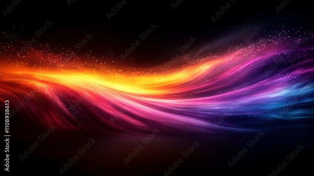 Poster vibrant abstract waves of colorful light with soft gradients and sparkling particles on a dark backg