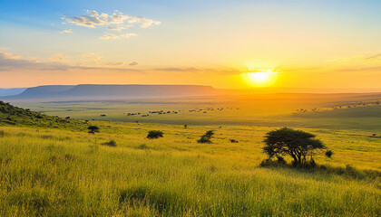 Majestic sunset over expansive savannah landscape