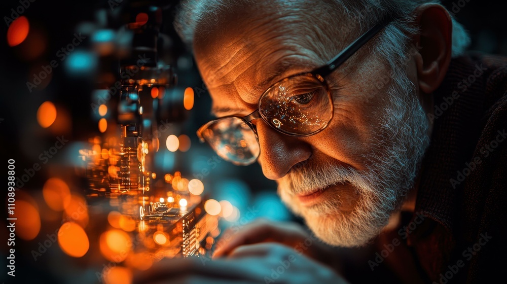 Poster a elderly man creating nfts on a blockchain platform his glowing face blending tech with creativity