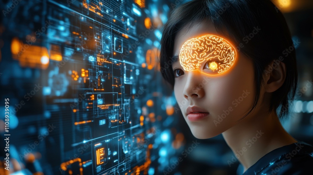 Poster a teenage boy using a brain-computer interface his glowing face controlling virtual elements with th