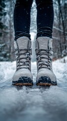 Man's winter boots in snow-covered trail during a snowy day.