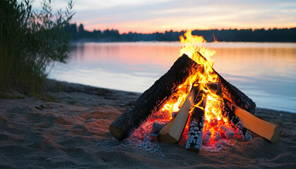 Fire burns brightly by the lakeshore at sunset