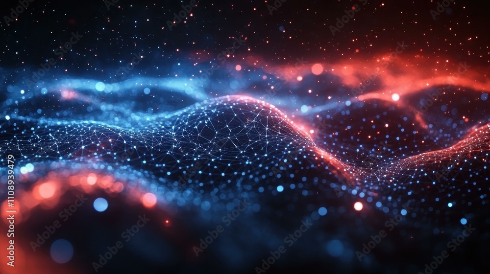 Poster modern tech trends. abstract digital wave with glowing particles and network connections, futuristic