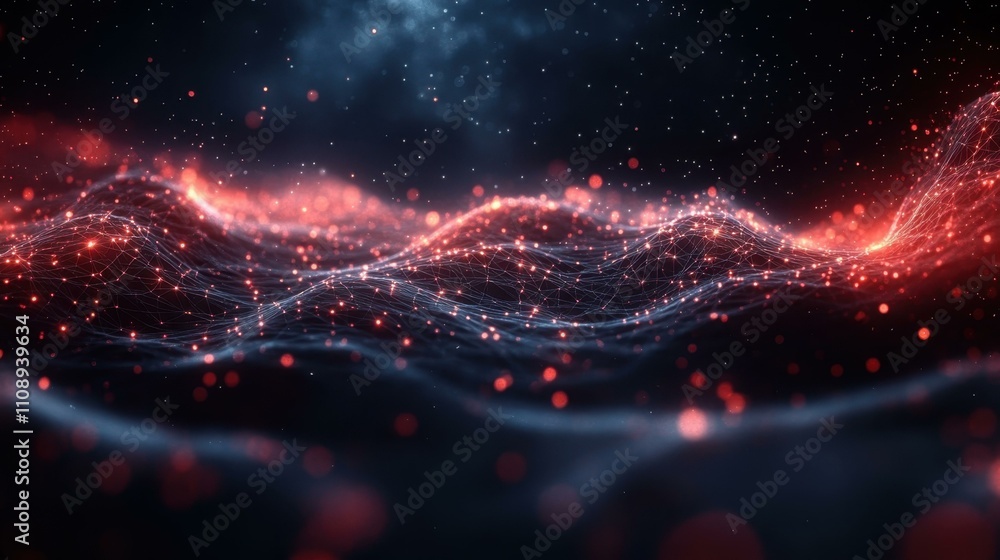 Poster blue light animation. abstract digital wave flowing with glowing red particles, futuristic technolog
