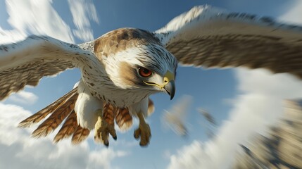 Majestic Hawk in Flight Over Blue Sky with Fluffy Clouds Captured in Motion, Showcasing Detail of Feathers and Intensity of Gaze
