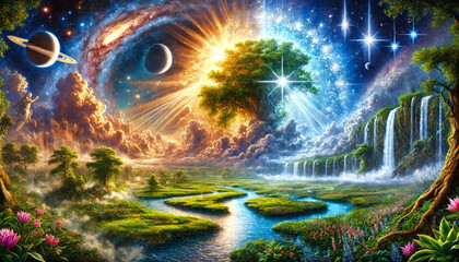 Naklejka premium Grand Genesis Tapestry: Unified Creation Scene 