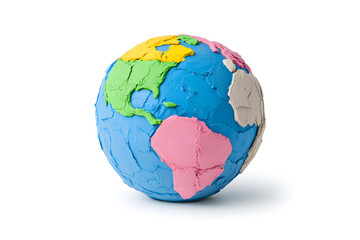 Clay earth globe with continents and oceans, isolated on white background