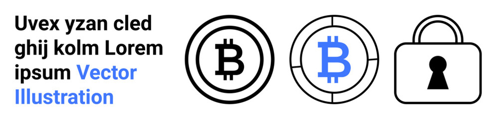 Obraz premium Bitcoin symbols inside outlined and blue circles next to a lock icon, accompanied by random Latin text. Ideal for blockchain, cryptocurrencies, internet security, fintech, digital wallets
