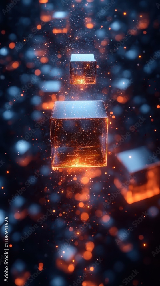 Aufkleber space light effects. glowing transparent cubes floating in dark space with bokeh lights, futuristic 