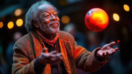 City Night Lights. Elderly man juggling glowing balls with joyful expression in urban night setting suitable for entertainment, performance art, community events, festive celebrations, colorful light
