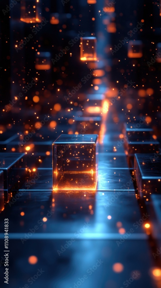 Poster blue light patterns. glowing orange cubes floating above futuristic metallic grid, technology concep