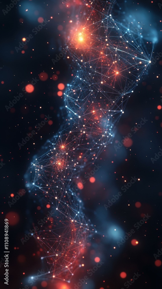 Poster blue light patterns. abstract double helix dna strand glowing with digital particles, futuristic sci
