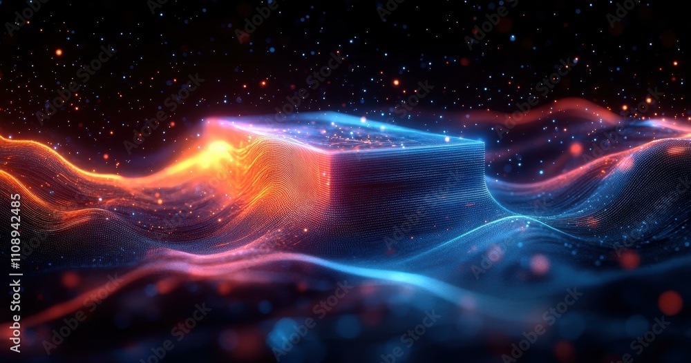 Poster a energy lines futuristic digital landscape with intricate patterns of lines dots and waveforms in b
