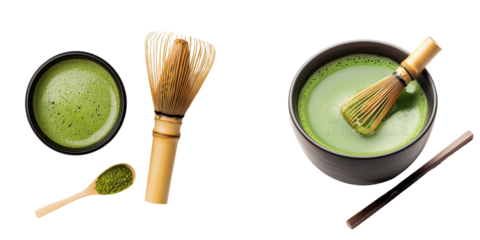 cup of matcha tea with traditional whisk, showcasing vibrant green hues and minimalistic design. Perfect for tea lovers and wellness enthusiasts