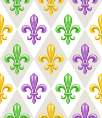 Geometric Mardi Gras pattern with Fleur de lis symbol on white background. Diagonal classic diamond shaped rhombus grid. Harlequin ornament. © OA_Creation