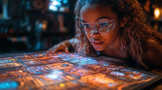 An Teenage girl beta testing an AR board game her glowing excitement blending reality with tech