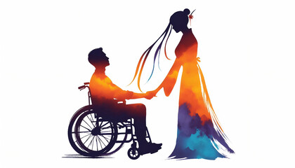 Diversity and inclusion, minimalist watercolor silhouette illustration of wheelchair user and family members standing together in unity and support.