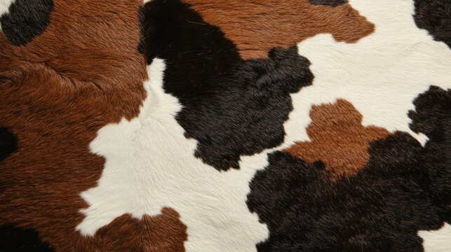 Close-up of a cowhide with brown, black, and white patterns 