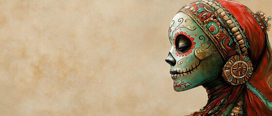 Fototapeta premium A decorated skull with vibrant colors and intricate details 