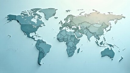 Fototapeta premium Three-dimensional world map showcases continents and countries with a modern design against a soft background, emphasizing geography. Generative AI