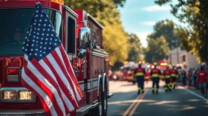 An American flag draped across a firetruck, Memorial Day parade with firefighters and veterans walking, festive and solemn 