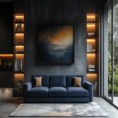 Luxury modern living room interior design featuring elegant sofas, artistic decor, and stylish lighting setups.