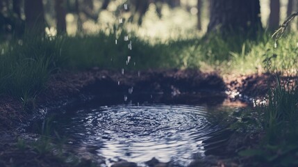 Tranquil Water Droplets Falling into Calm Forest Pond Water
