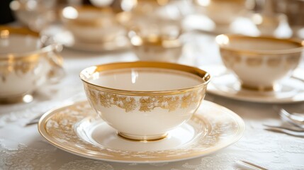 Fototapeta premium Elegant Vintage Table Setting with Fine China and Gold Accents