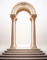 Naklejka premium Elegant column arch structure with a symmetrical podium, presented against a white background, embodying classical and architectural refinement