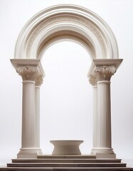 Obraz premium Elegant column arch structure with a symmetrical podium, presented against a white background, embodying classical and architectural refinement