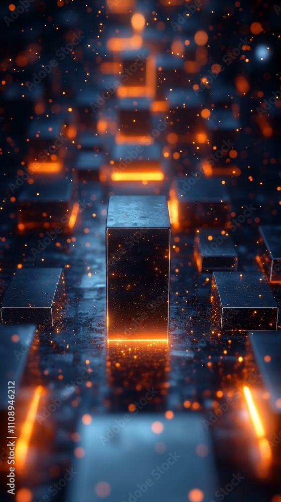 Aufkleber the sleek surface abstract 3d artwork showcasing floating cubes and rectangular forms with neon ligh